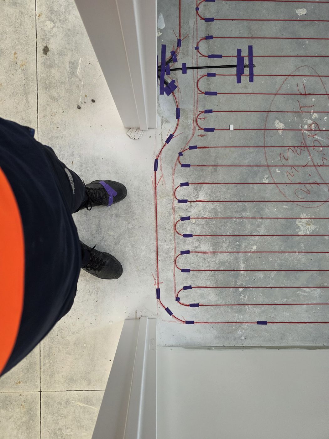 Electric underfloor heating by Floorheat NZ — the heating cable connections taped down and ready for the electrician, the same system we fit across East Auckland
