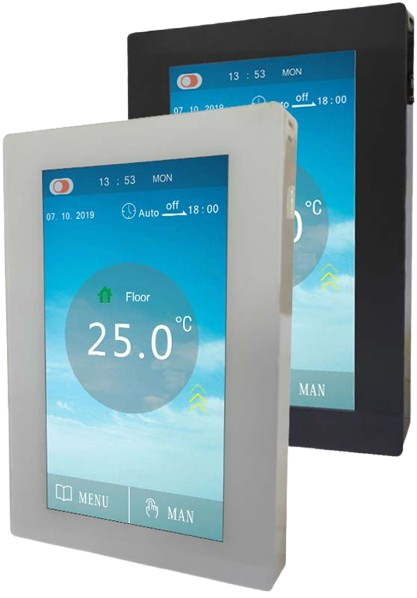 Warm Floor TH04 colour touch-screen thermostat in white and black