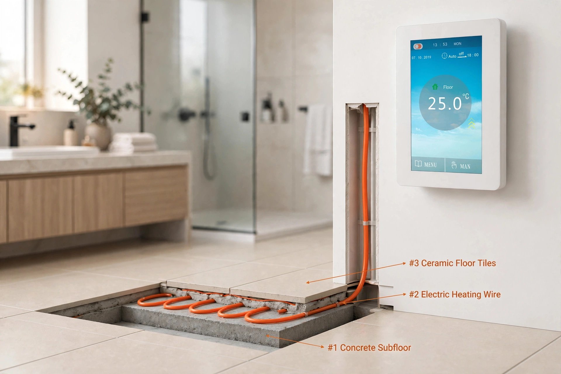 Cutaway of a bathroom floor showing the concrete subfloor, electric heating wire and ceramic tiles, with a Warm Floor TH04 thermostat on the wall